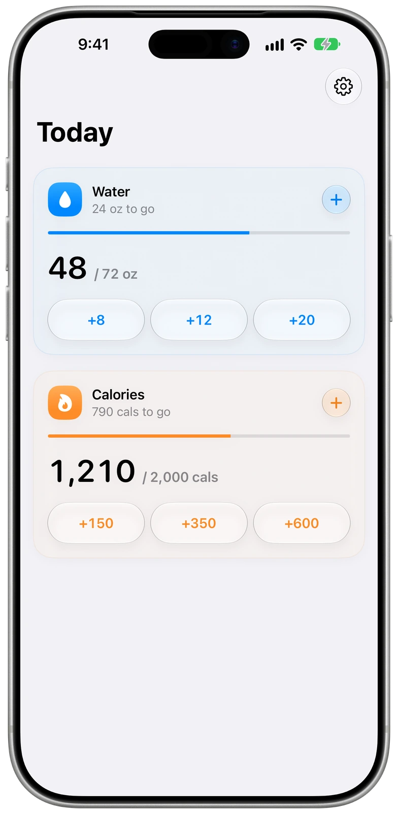 WaterCal daily water and calorie totals on iPhone